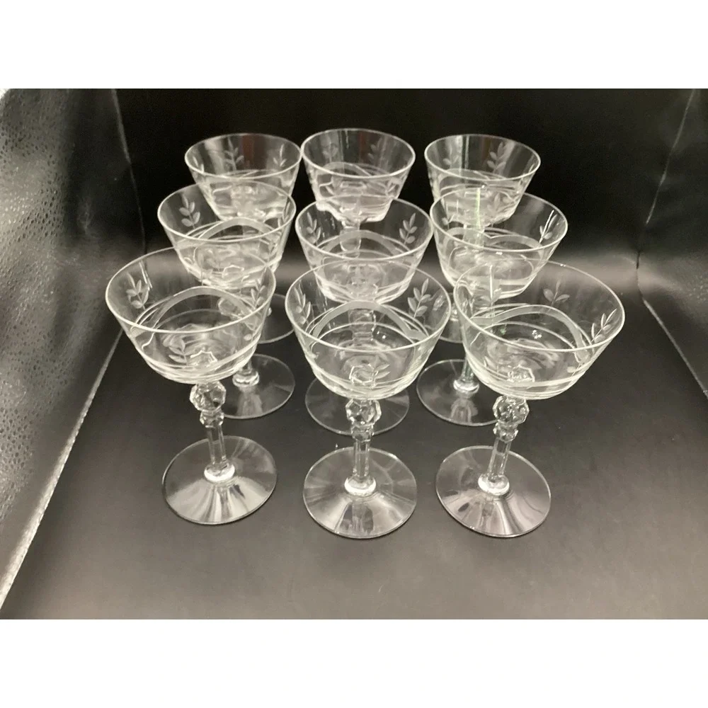 Vtg Set of 9‎ Etched Crystal Cordial Brandy Glasses-Wheat Pattern-5